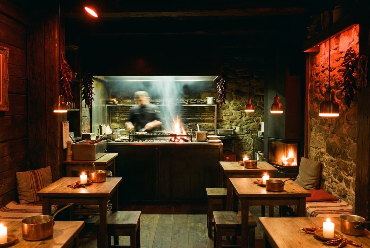 Warmer Gastraum mit offenem Grill