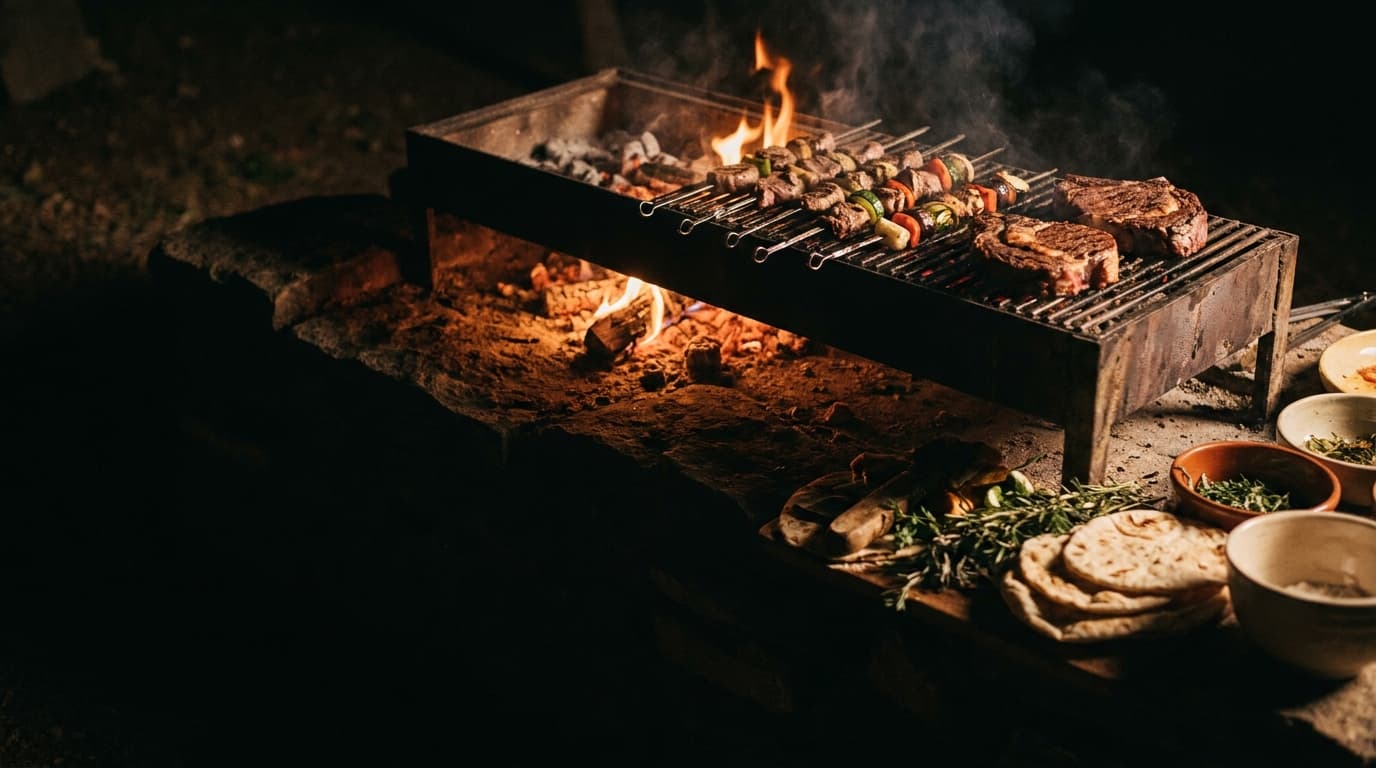 Internationale Gerichte über offenem Feuer — Grillspieße, Steaks und hausgemachtes Brot