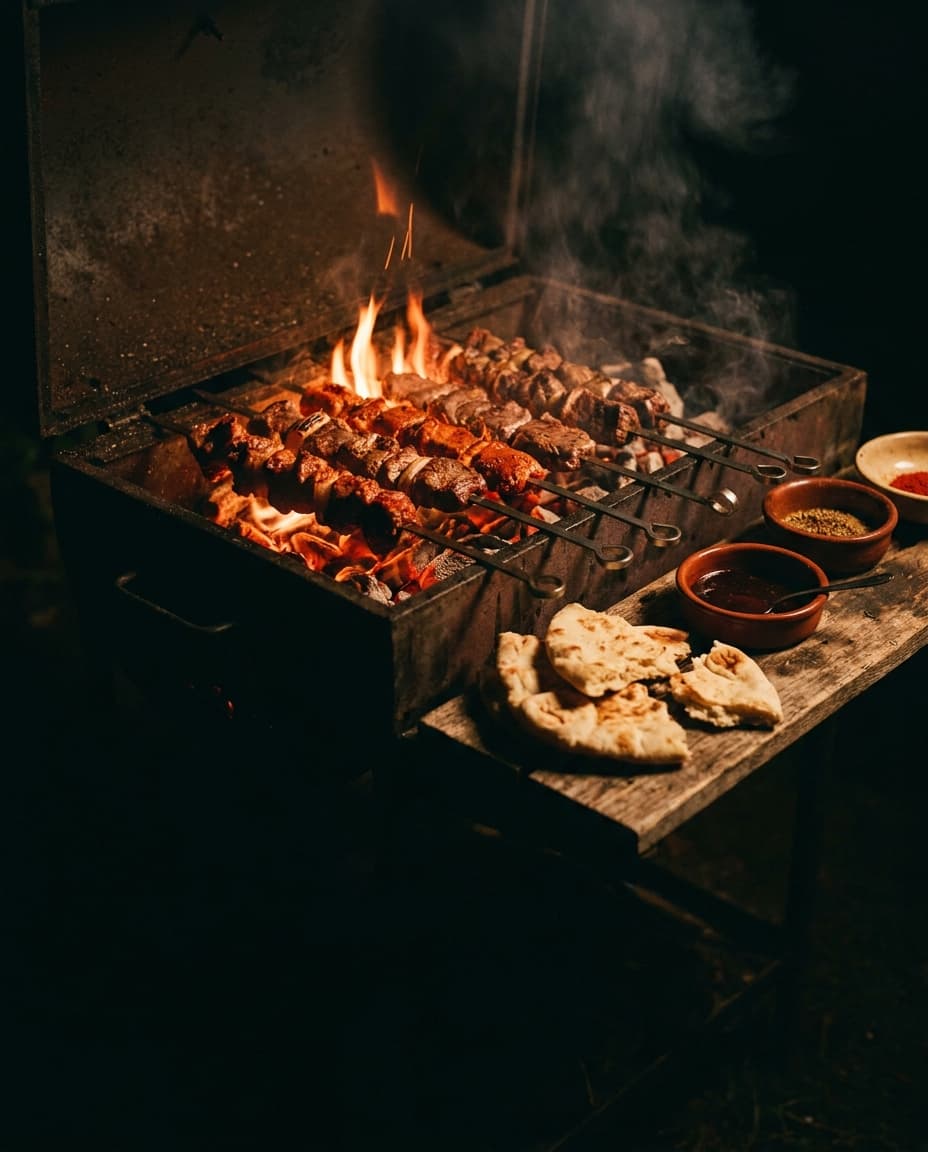 Internationale Gerichte über offenem Feuer — Grillspieße, Steaks und hausgemachtes Brot
