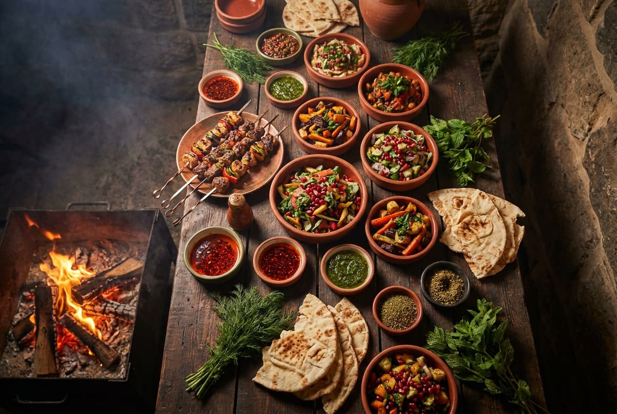 Große internationale Tafel mit Spießen, Salaten, Soßen und Fladenbrot