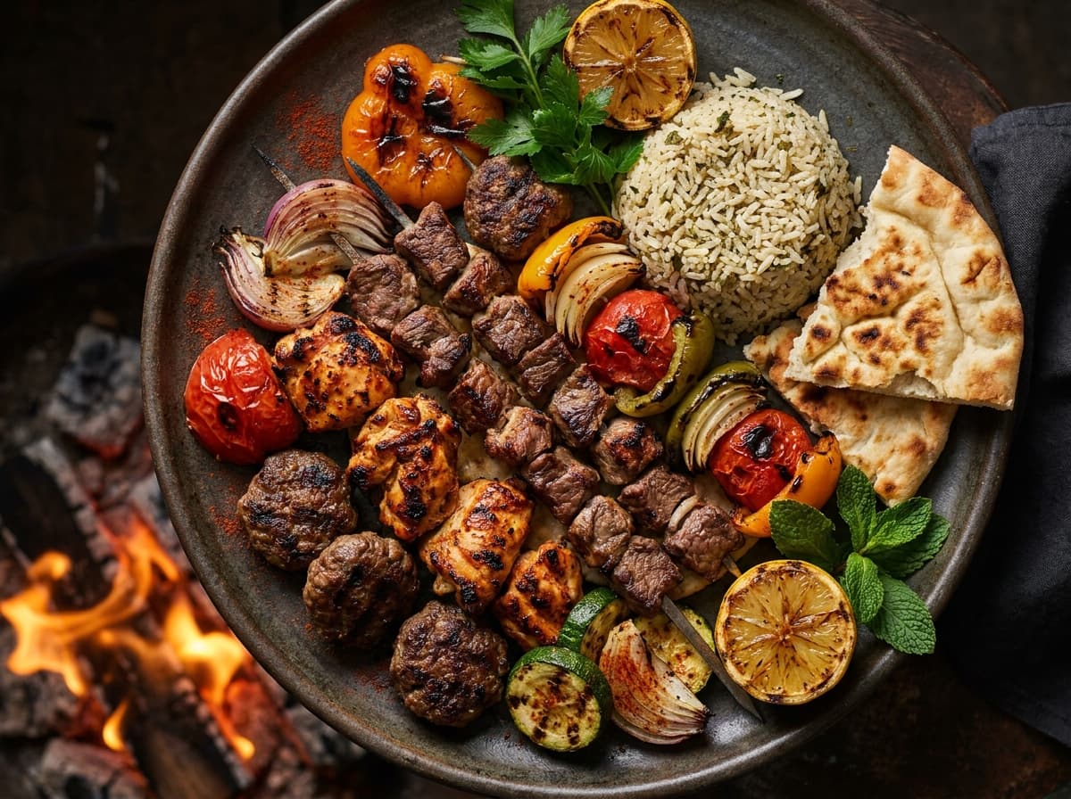 Großer gemischter Grillteller mit Reis, Gemüse und Brot