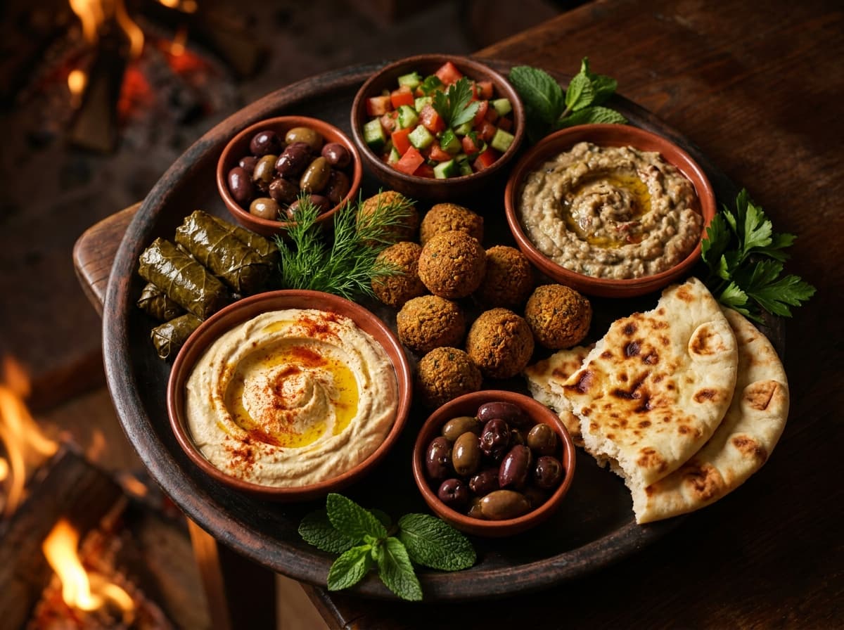 Mezze-Teller mit Hummus und Falafel