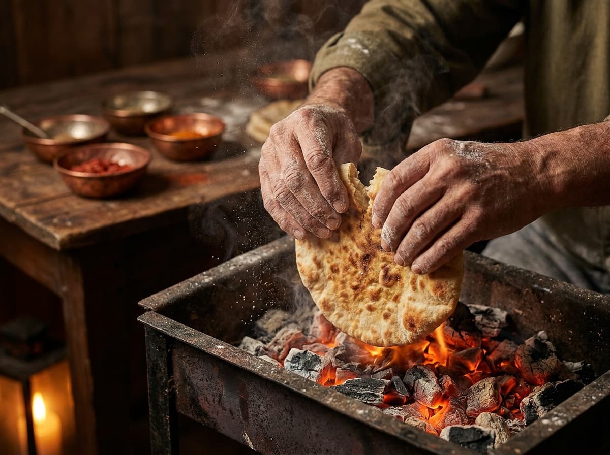 Weathered Hände brechen frisch gebackenes Fladenbrot über der Glut